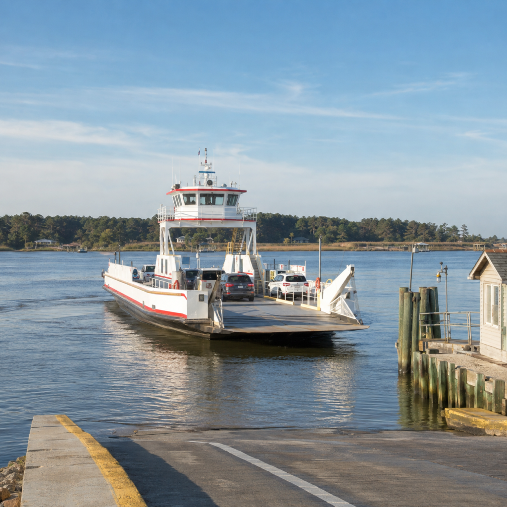 Illustration of a vehicle ferry approaching a rural Pamlico River terminal