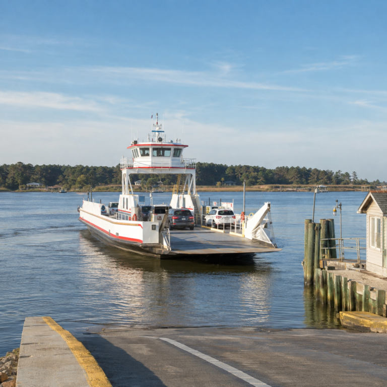 Illustration of a vehicle ferry approaching a rural Pamlico River terminal