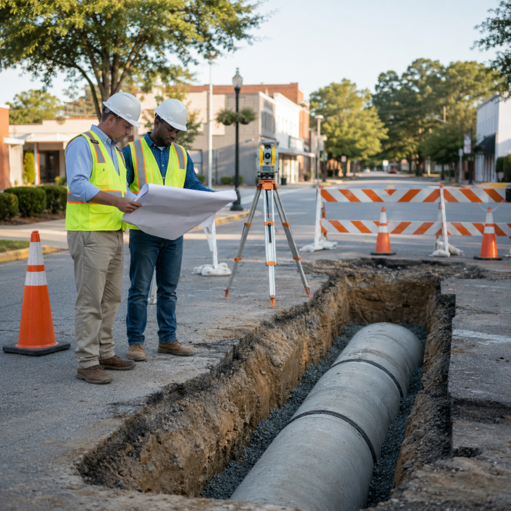 ngineers reviewing plans for a municipal sewer-line replacement project.